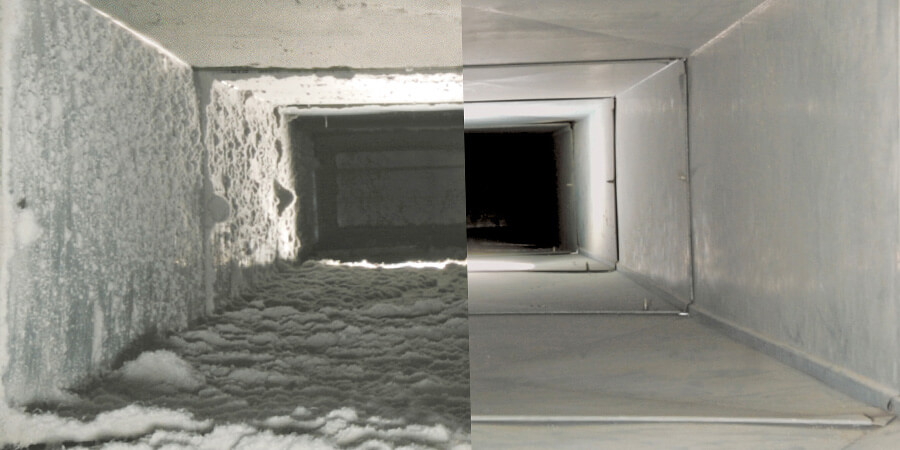 Side by side comparison of a dirty duct and one after it's been cleaned